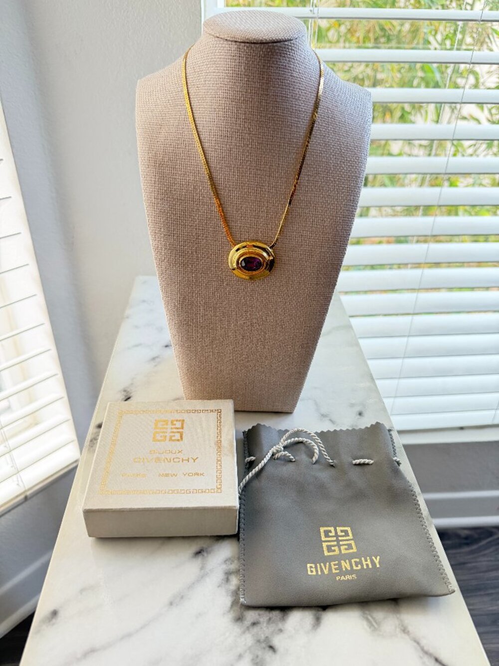 Vintage Givenchy Gold Tone Amethyst Pendant Necklace Full Set